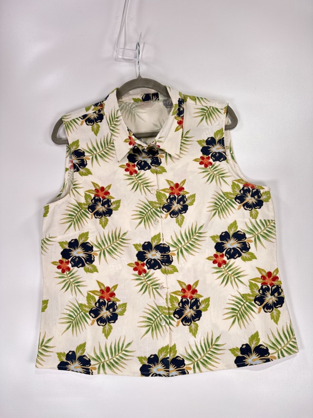 Tommy Bahama Sleeveless Button Down Jacquard Logo Tropical Silk Cream Navy XL - Picture 2 of 13